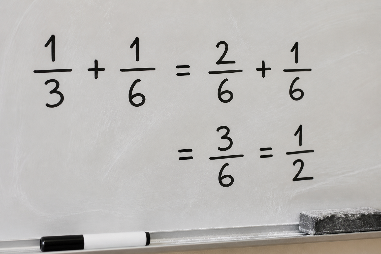 Whiteboard showing the addition and simplification of fractions with clear, handwritten math.