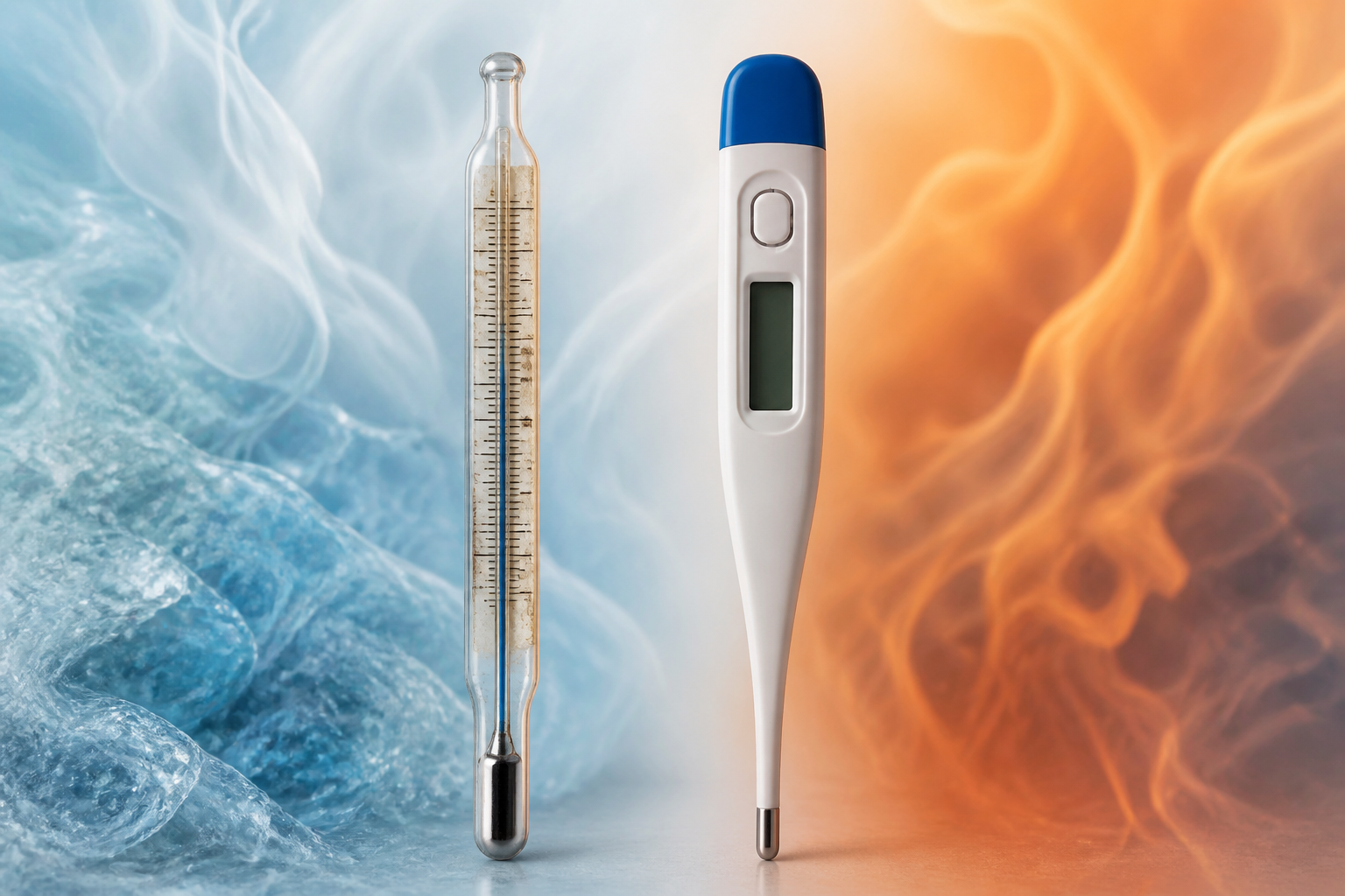 Analog mercury thermometer beside a digital thermometer, symbolizing temperature conversion.