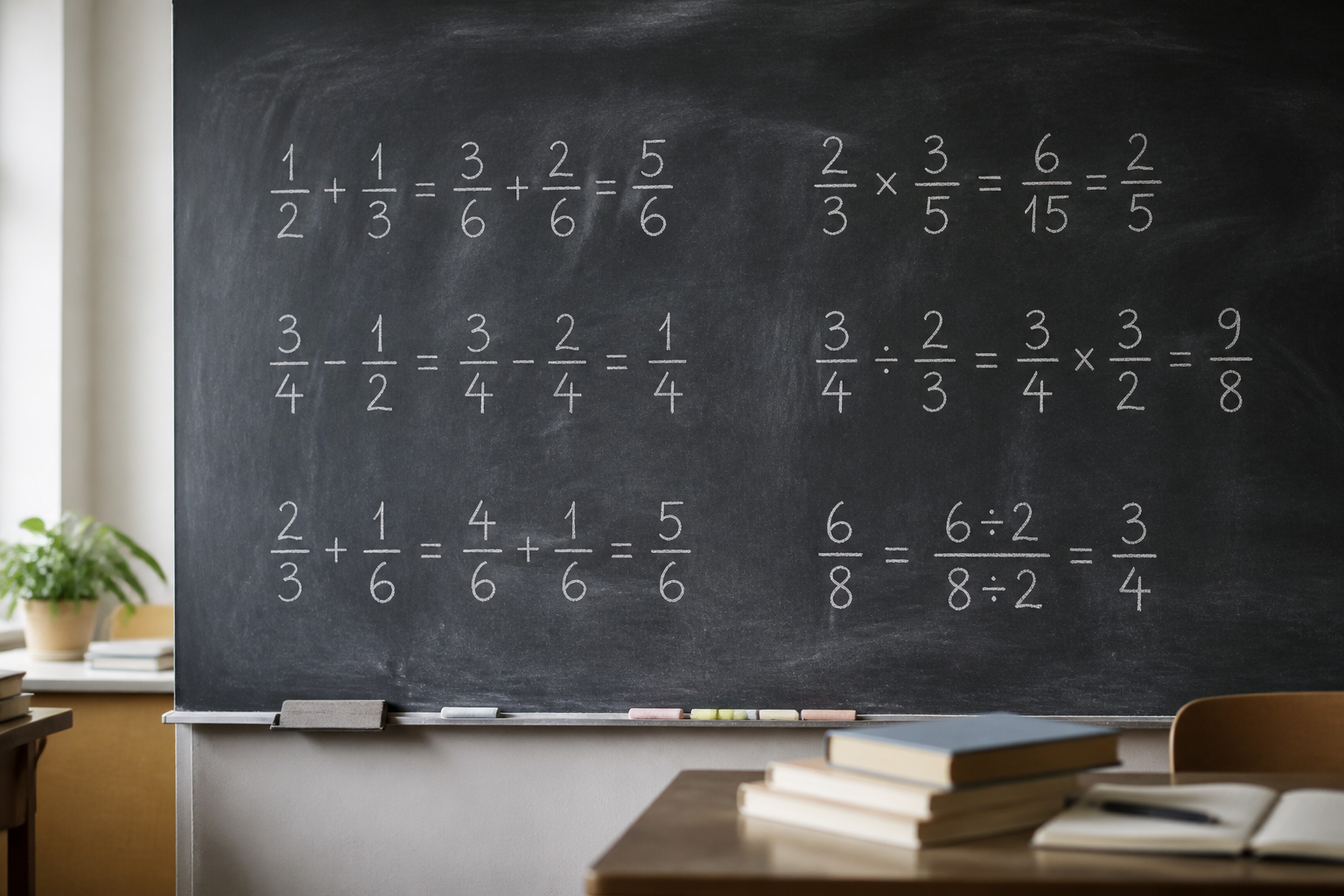 Chalkboard with handwritten fraction calculations