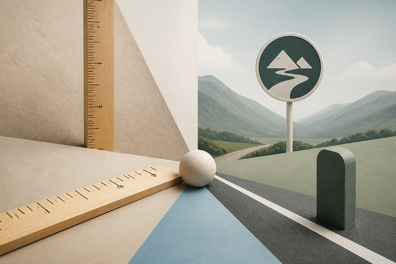 Abstract representation of various length measurement units like meters, feet, inches, kilometers, and miles interacting.