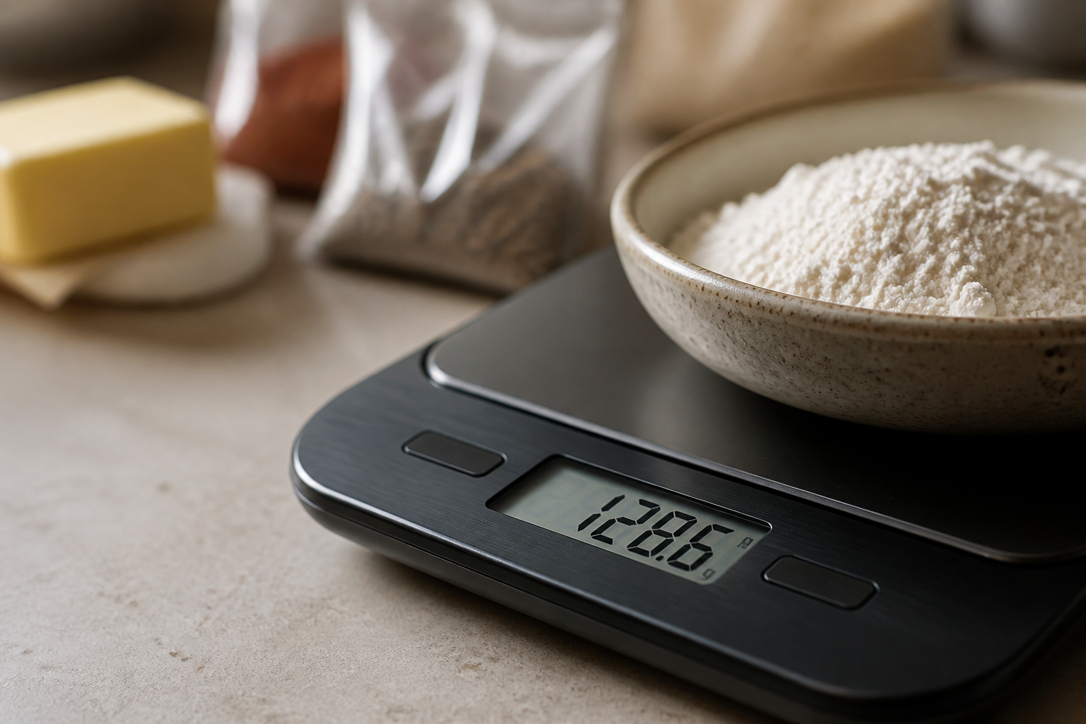 A digital kitchen scale displaying a weight, with various ingredients like flour and spices in the background.