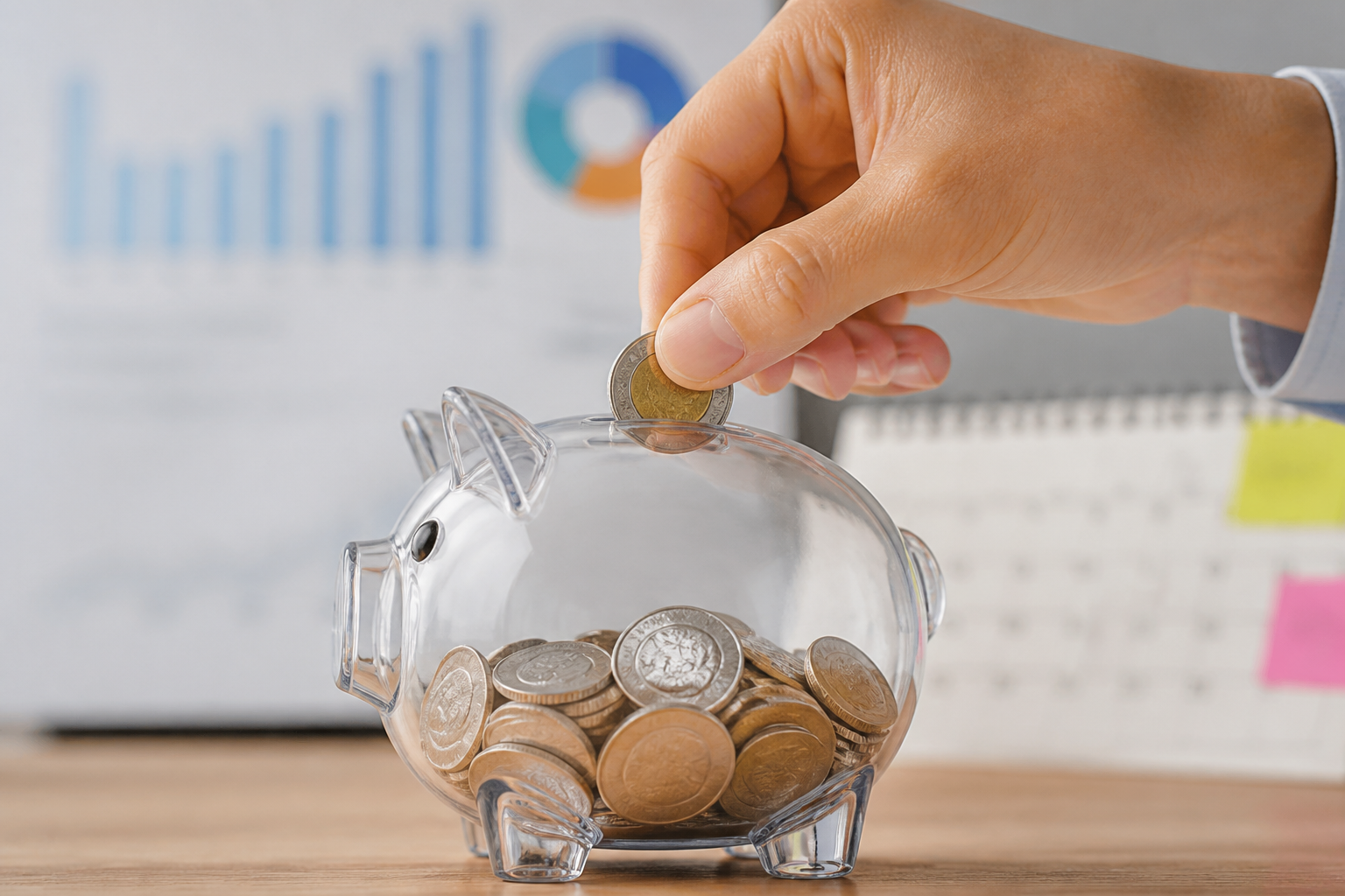 A hand places a coin into a transparent piggy bank, symbolizing progress towards a savings goal.