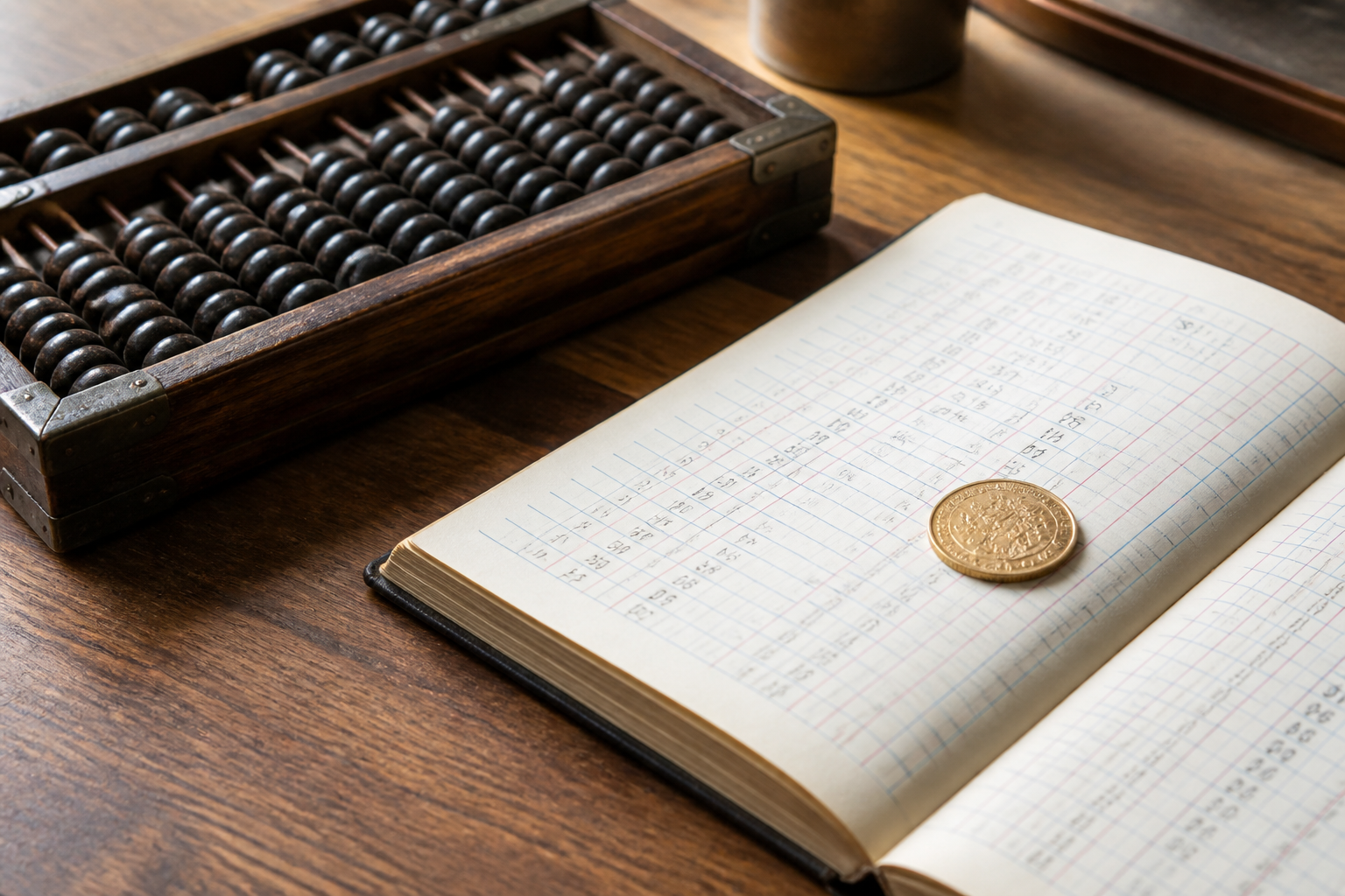 A vintage calculator next to a financial ledger with a coin on it, representing simple interest calculation.