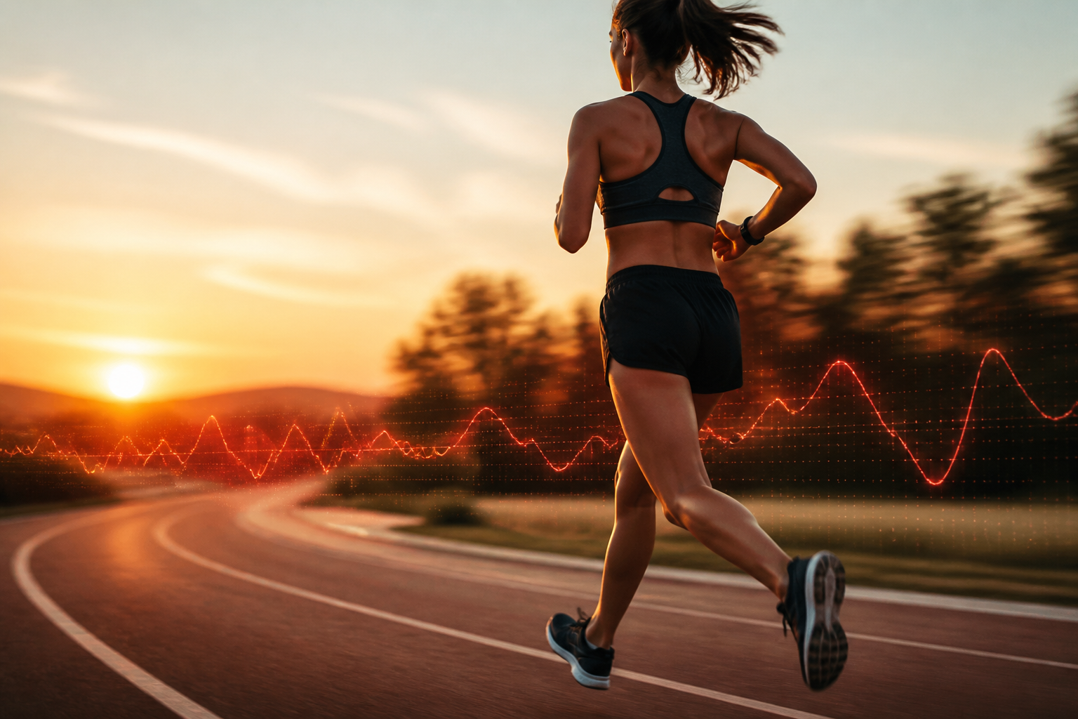 Graphic showing a person exercising with an overlay of heart rate data lines.