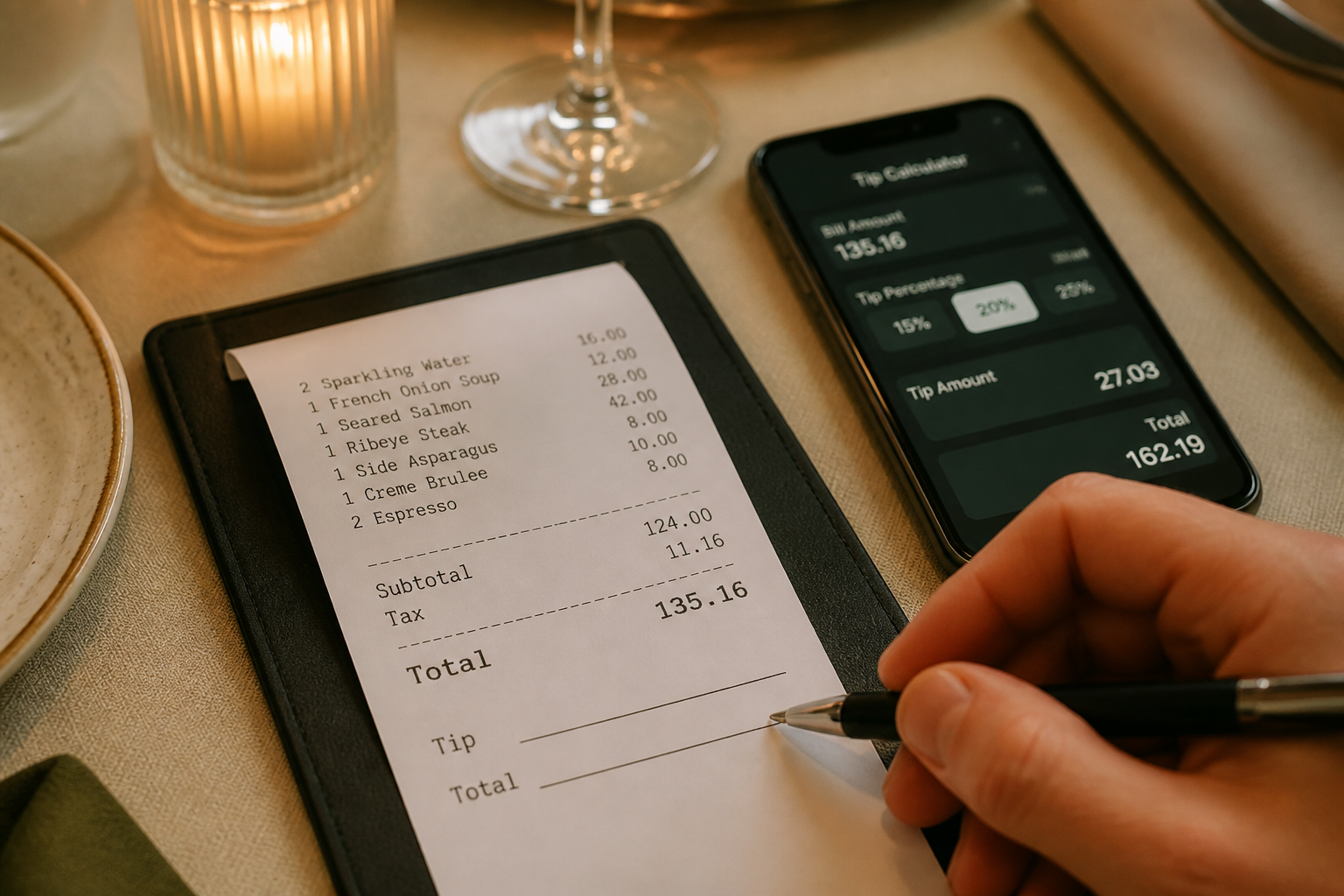 A hand with a pen next to a restaurant bill, with a smartphone open to a tip calculator on a dining table.