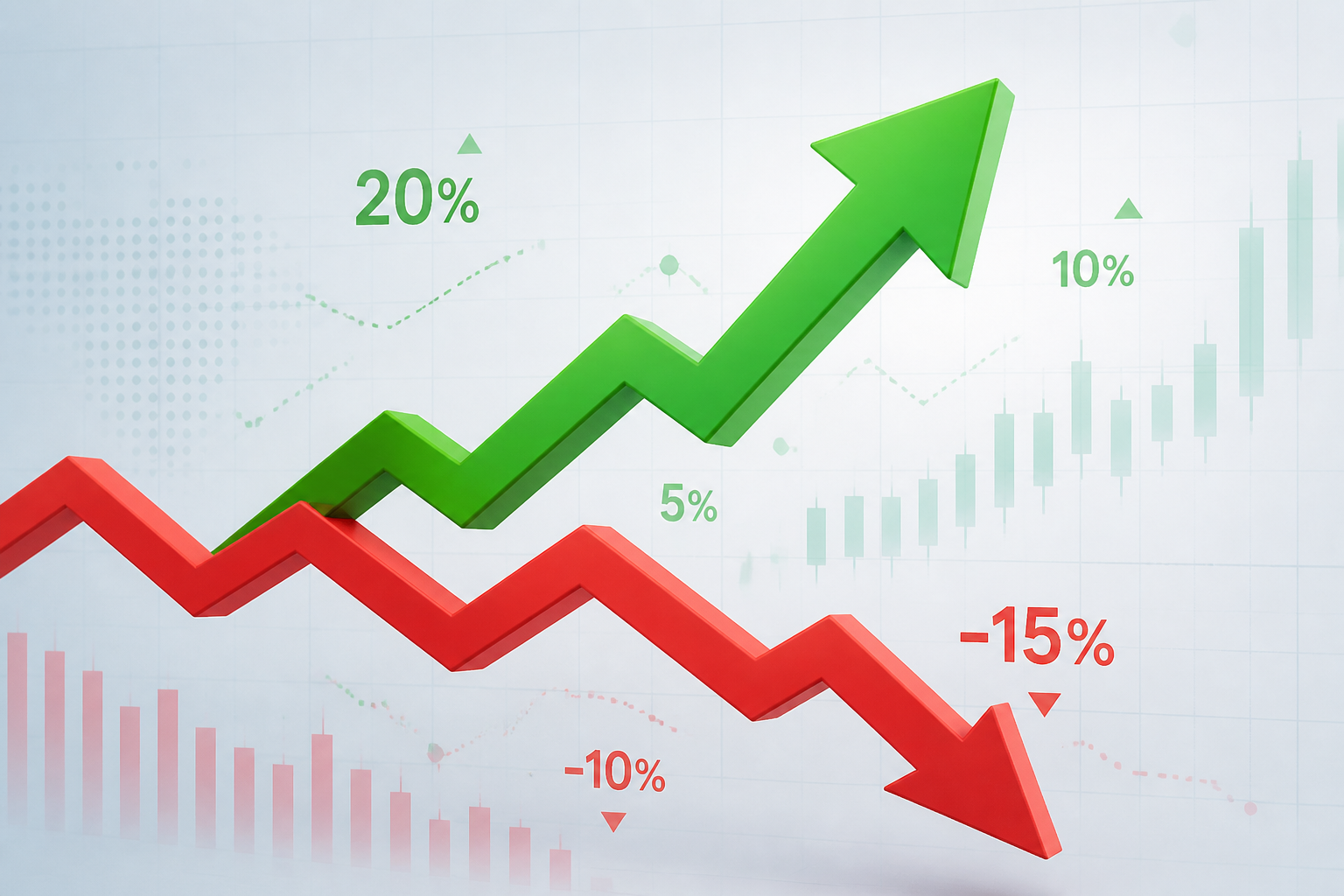Graphic illustrating percentage increase with an upward arrow and percentage decrease with a downward arrow, surrounded by numbers.